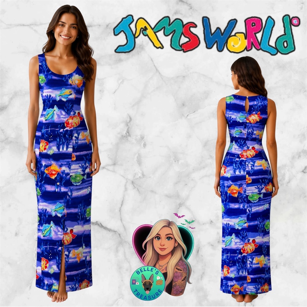 Jams World Women's XS Talking Fish Maxi Dress Blue Tropical Rayon Hawaii VINTAGE
